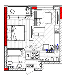 Квартира 32 м², 1-комнатная - изображение 1