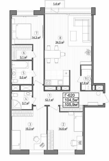 105,9 м², 3-комнатные апартаменты 26 558 676 ₽ - изображение 1