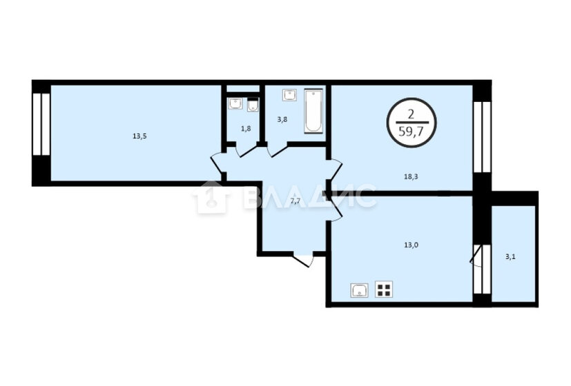 55 м², 2-комнатная квартира 9 990 000 ₽ - изображение 1