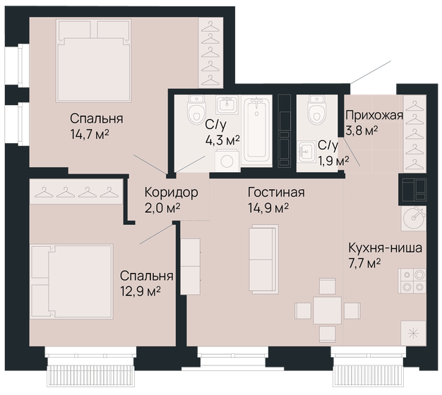 62,2 м², 2-комнатная квартира 15 052 400 ₽ - изображение 38