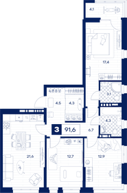 Квартира 91,6 м², 3-комнатная - изображение 1