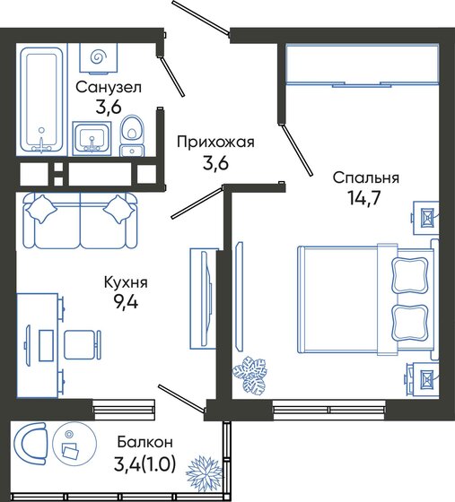 32,3 м², 1-комнатная квартира 6 866 980 ₽ - изображение 1