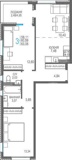 60,6 м², 3-комнатная квартира 10 300 300 ₽ - изображение 1