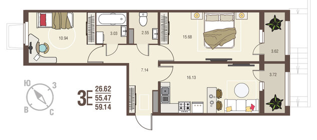 Квартира 59,1 м², 2-комнатная - изображение 1