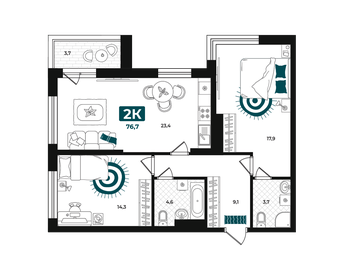 Квартира 76,7 м², 2-комнатная - изображение 1