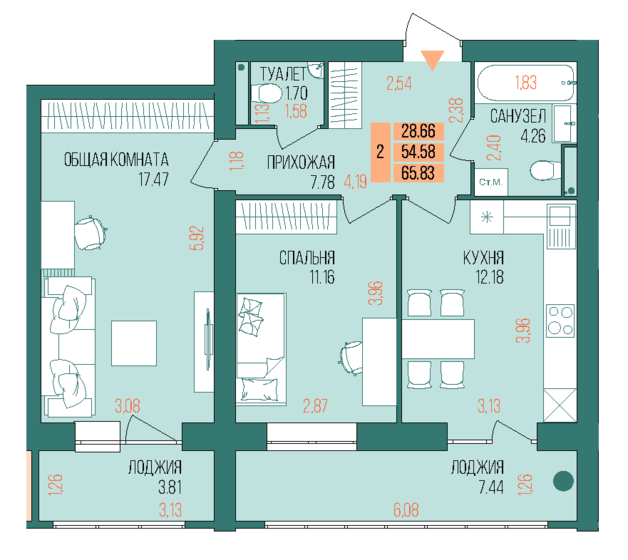 65,8 м², 2-комнатная квартира 6 350 710 ₽ - изображение 1