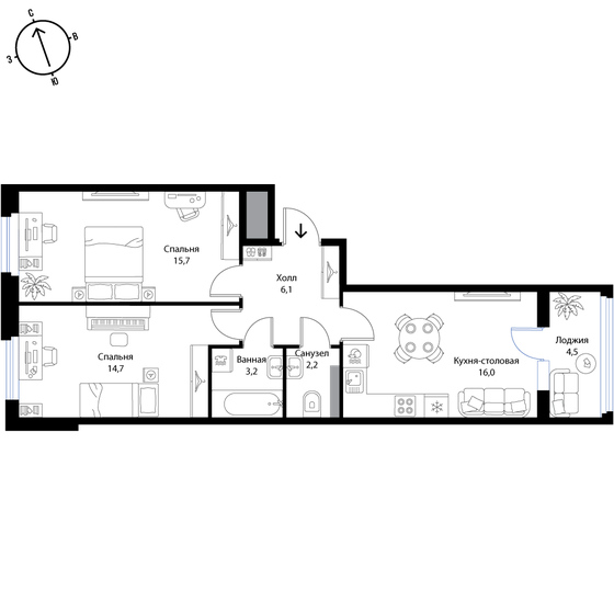 60,2 м², 3-комнатная квартира 10 234 000 ₽ - изображение 1