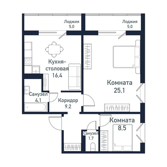65,2 м², 2-комнатная квартира 8 146 250 ₽ - изображение 1