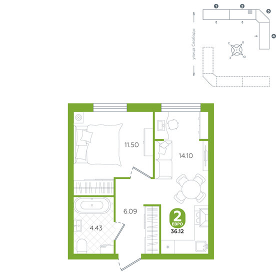 36,1 м², 2-комнатная квартира 2 890 000 ₽ - изображение 1