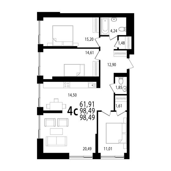 98,5 м², 4-комнатная квартира 25 607 400 ₽ - изображение 1
