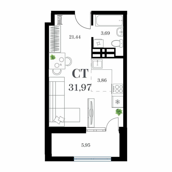 32 м², 1-комнатная квартира 8 312 200 ₽ - изображение 1