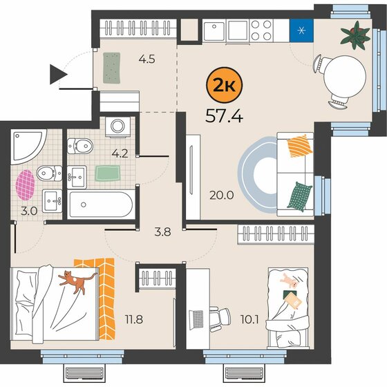 57,4 м², 2-комнатная квартира 7 519 237 ₽ - изображение 10