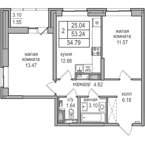 53,2 м², 2-комнатная квартира 10 892 252 ₽ - изображение 1