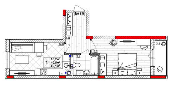 Квартира 42,1 м², 1-комнатная - изображение 1