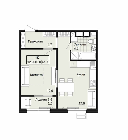 41,7 м², 1-комнатная квартира 3 794 700 ₽ - изображение 1