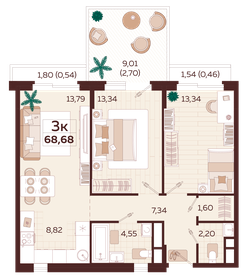 Квартира 68,7 м², 3-комнатная - изображение 1