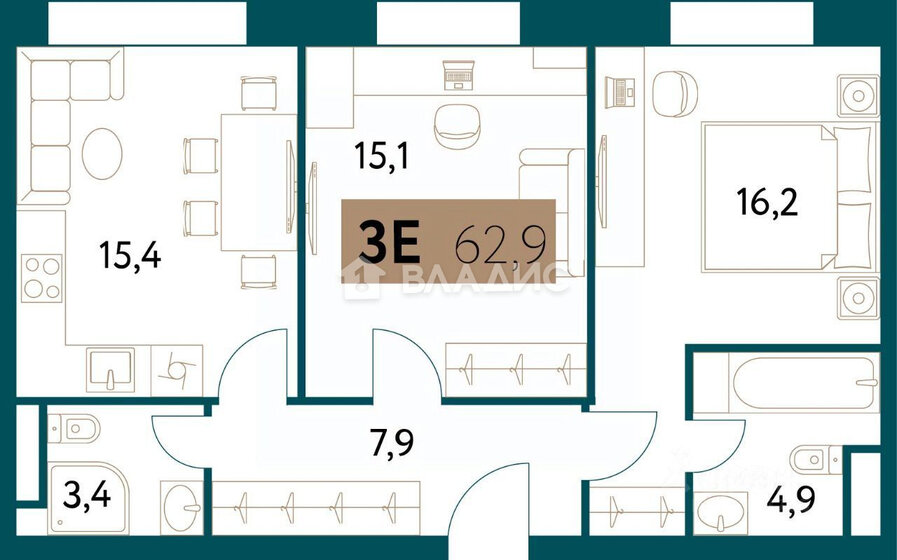 62,6 м², 2-комнатная квартира 33 900 000 ₽ - изображение 1