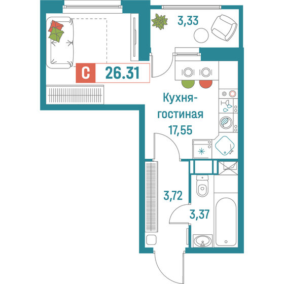 26,3 м², квартира-студия 5 488 266 ₽ - изображение 1