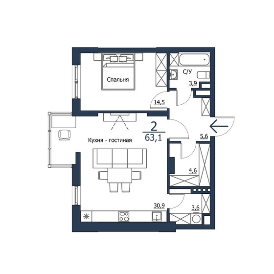 63,1 м², 2-комнатная квартира 10 159 100 ₽ - изображение 1