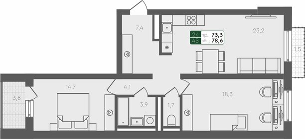 Квартира 78,6 м², 2-комнатная - изображение 1