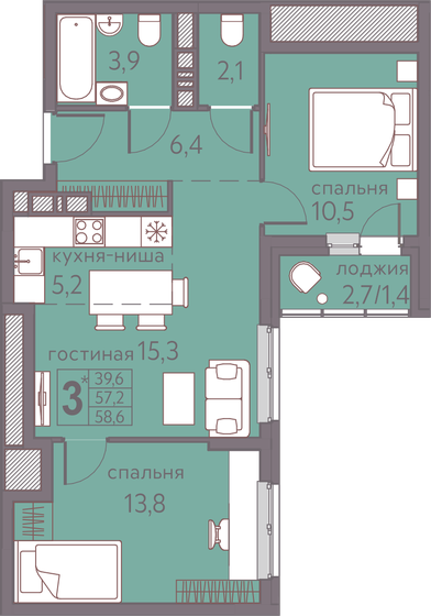 58,6 м², 3-комнатная квартира 7 911 000 ₽ - изображение 1