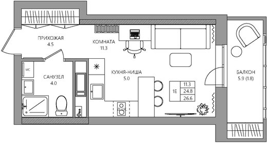 Квартира 26,6 м², студия - изображение 1
