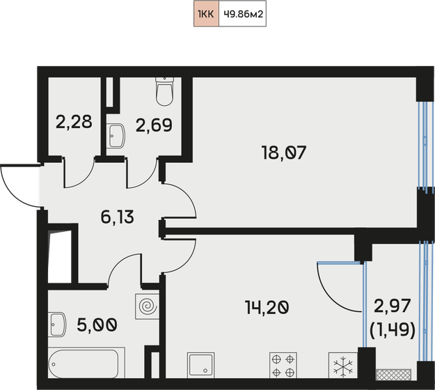 48,2 м², 1-комнатная квартира 19 209 588 ₽ - изображение 1