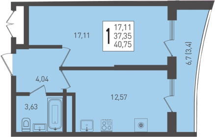 Квартира 40,8 м², 1-комнатная - изображение 1