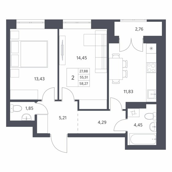 58,3 м², 2-комнатная квартира 7 000 000 ₽ - изображение 1