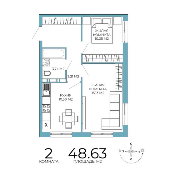 48,6 м², 2-комнатная квартира 4 279 440 ₽ - изображение 1