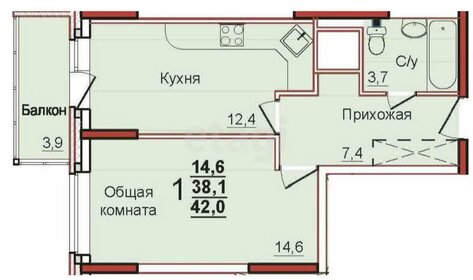 Квартира 42 м², 2-комнатная - изображение 1