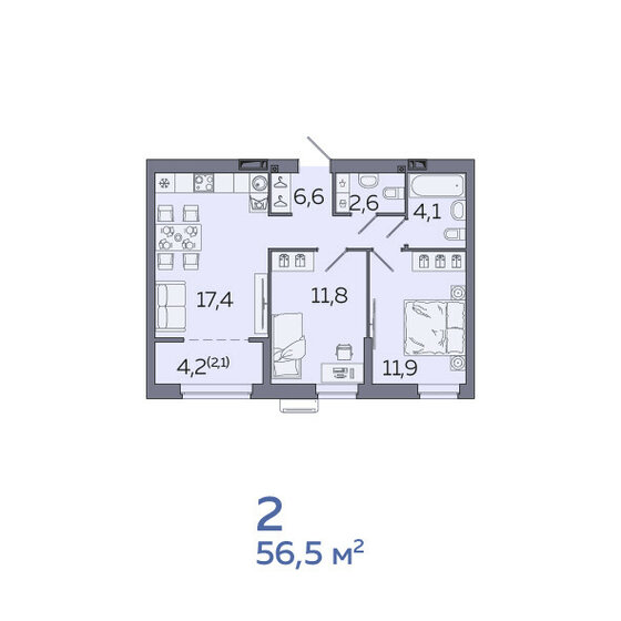 56,5 м², 2-комнатная квартира 7 084 000 ₽ - изображение 13