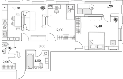 Квартира 68 м², 2-комнатная - изображение 1