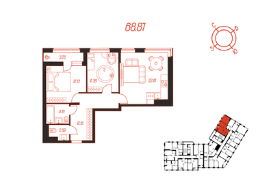 Квартира 68,9 м², 2-комнатная - изображение 1