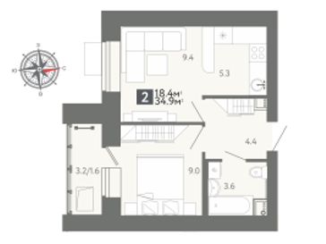 Квартира 35 м², 2-комнатная - изображение 1