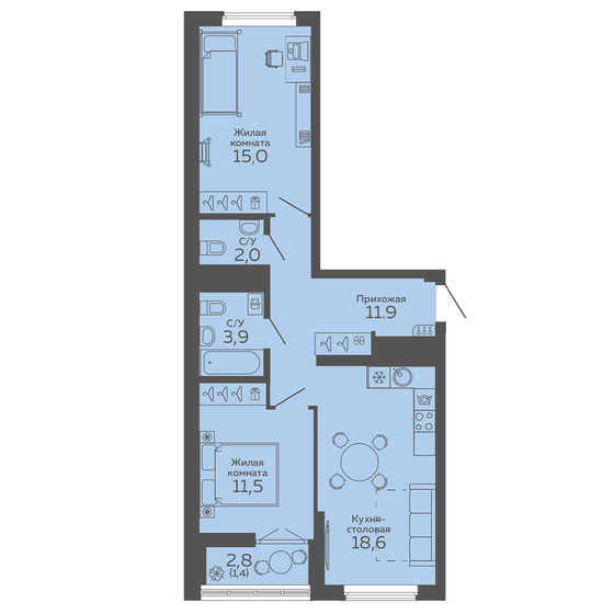 64,3 м², 2-комнатная квартира 10 671 000 ₽ - изображение 1