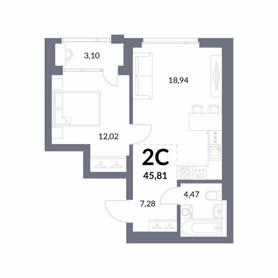 44,3 м², 2-комнатная квартира 10 300 000 ₽ - изображение 1
