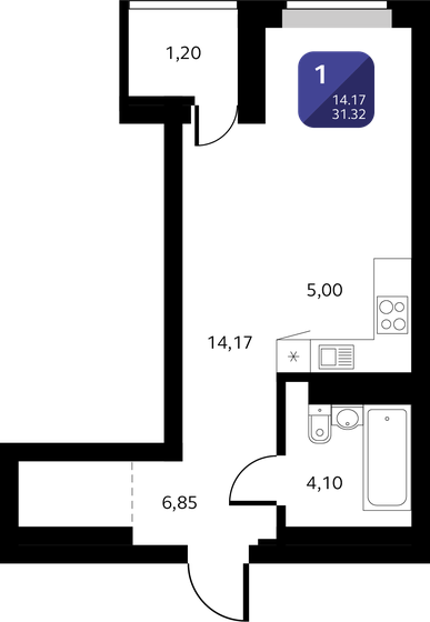 31,3 м², 1-комнатная квартира 3 601 800 ₽ - изображение 1