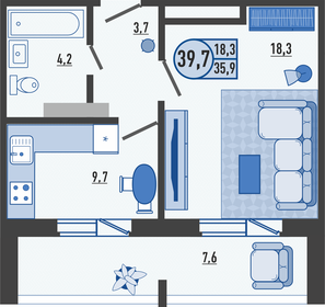 Квартира 39,7 м², 1-комнатная - изображение 1