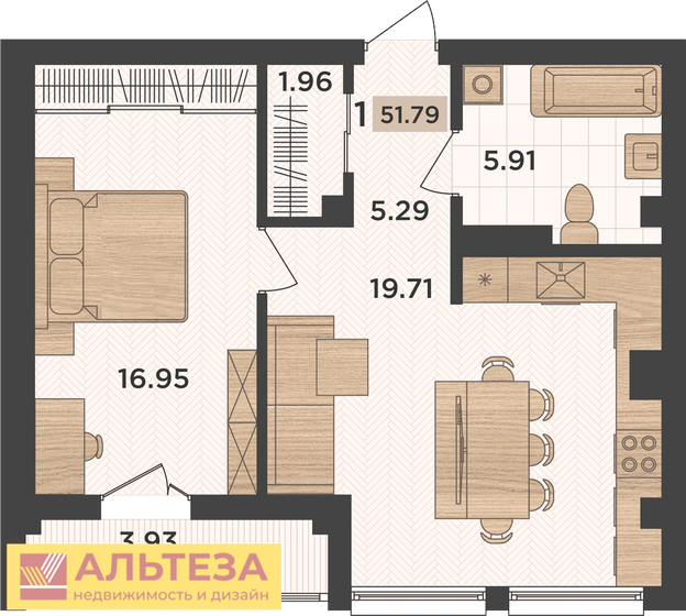 51,8 м², 1-комнатная квартира 5 630 000 ₽ - изображение 1