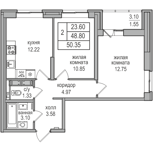 48,8 м², 2-комнатная квартира 10 455 178 ₽ - изображение 1