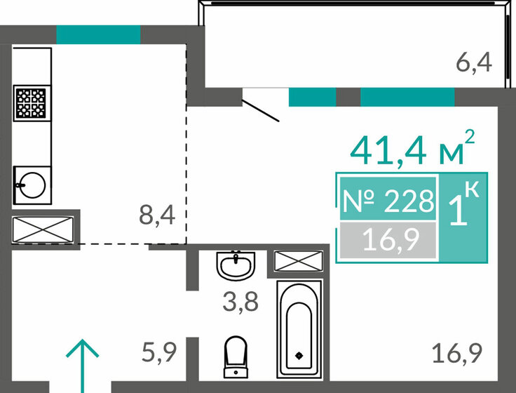 41,4 м², 1-комнатные апартаменты 8 663 000 ₽ - изображение 1