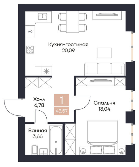 43,6 м², 1-комнатная квартира 5 228 400 ₽ - изображение 1