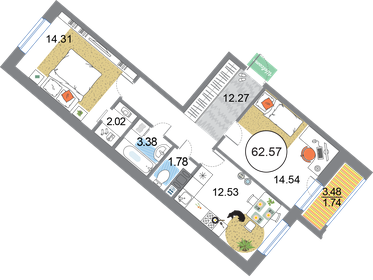 Квартира 62,6 м², 2-комнатная - изображение 1