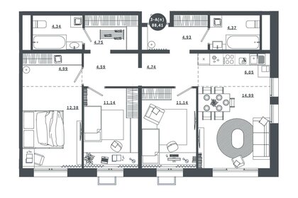 Квартира 88,4 м², 3-комнатная - изображение 1