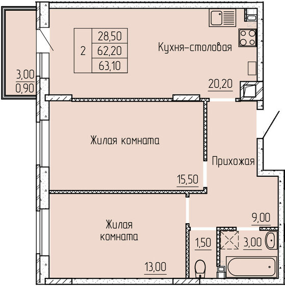 63,8 м², 2-комнатная квартира 6 270 000 ₽ - изображение 1