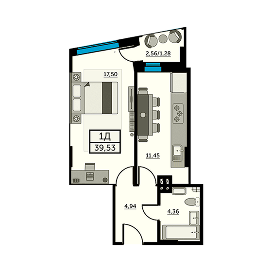 39,1 м², 1-комнатная квартира 8 132 800 ₽ - изображение 1