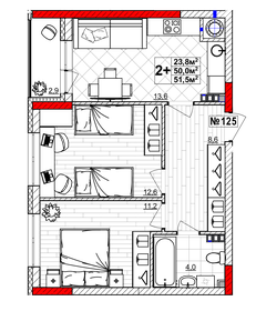 Квартира 51,5 м², 2-комнатная - изображение 1