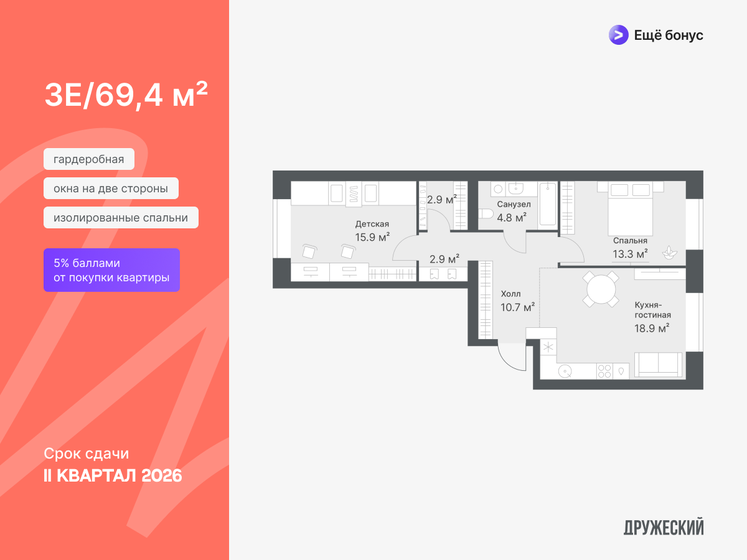 69,4 м², 2-комнатная квартира 7 990 000 ₽ - изображение 1
