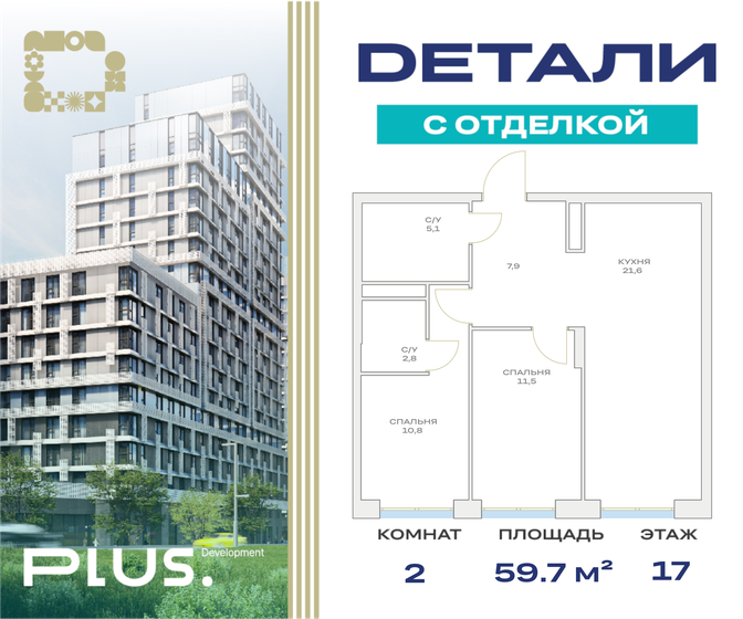 59,7 м², 2-комнатная квартира 15 225 649 ₽ - изображение 1